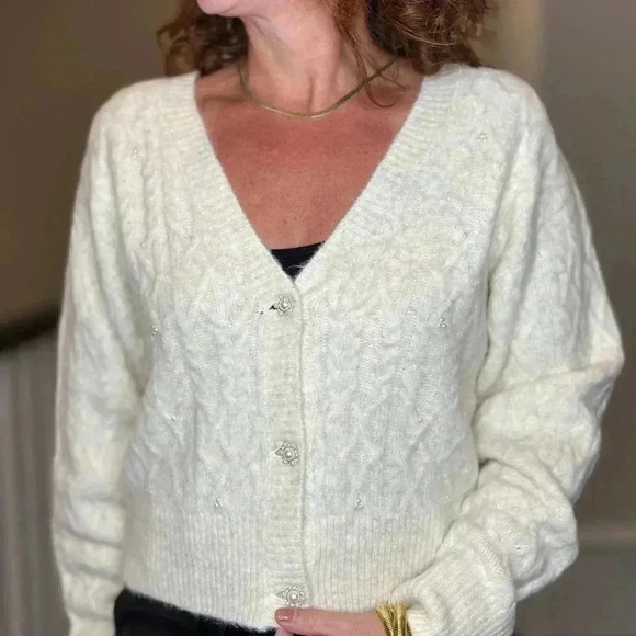 KUT from the Kloth Petra Pearl Button Cropped Cardigan Women’s Medium Classic Ch - Picture 2 of 13